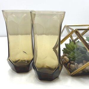 Vintage Libbey Glass Tawny Smokey Brown Hexagon Tumblers, Set of 2